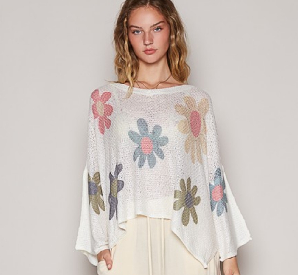 POL Daisy Retro Color Contrast Flower Top Oversized Shirt Pullover Knit Sweater - Picture 7 of 11